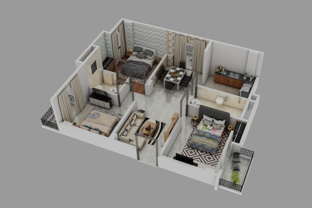 An apartment plan in 3-D.