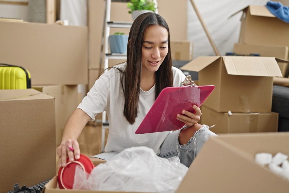 A woman sitting amongst moving boxes, happily reviewing her checklist and tips for moving house.