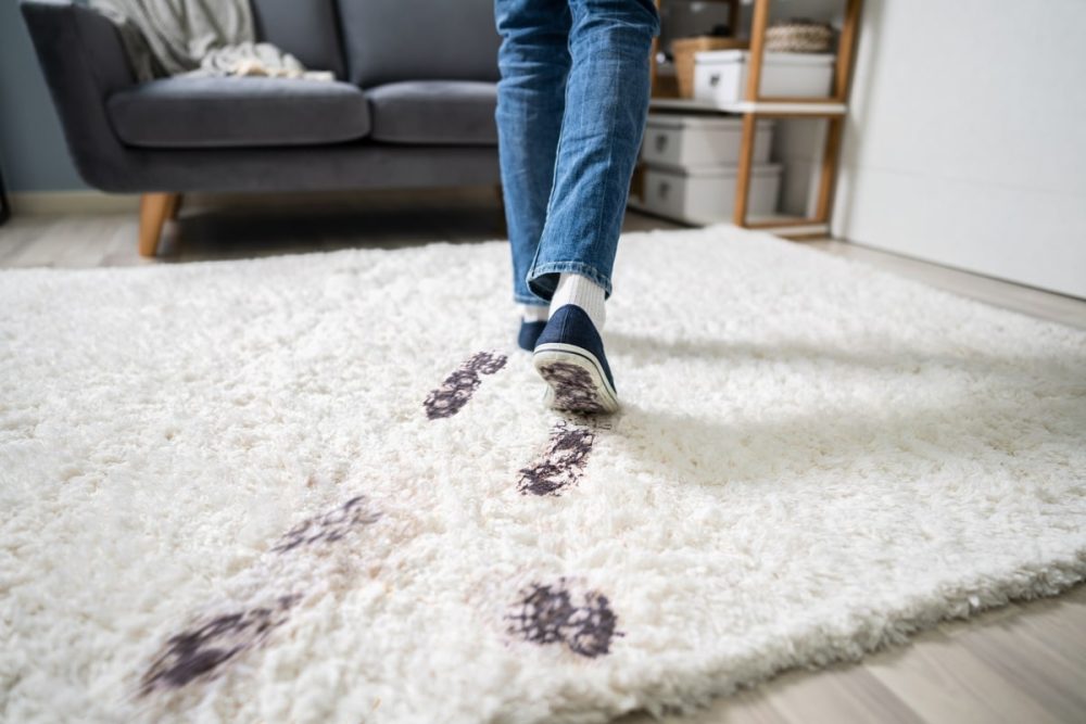 This image shows a person walking across thick, white carpet and leaving a trail of dirty footprints.